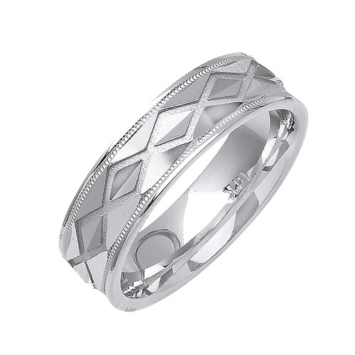 18K White Gold 6mm Wide Zigzag Pattern With Faceted Center Wedding Band