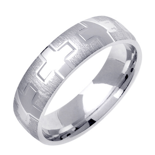 18K White Gold 6mm Wide Cross Pattern Wedding Band