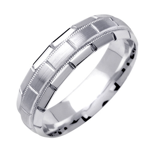 18K White Gold 6mm Wide Brick Pattern With Matte Center Wedding Band