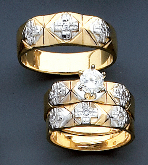 14k Two Tone Gold 3 Piece Men's and Lady's Cubic Zirconia Wedding Set With Cross Pattern