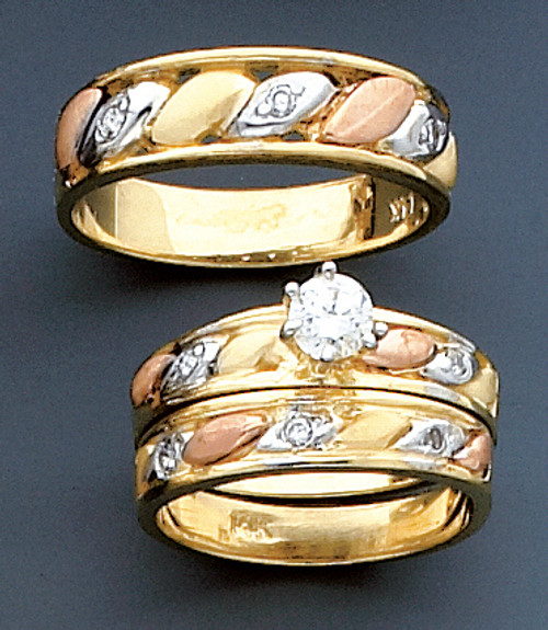 14k Gold Tri Color 3 Piece  Lady's and Men's Cubic Zirconia Wedding Set