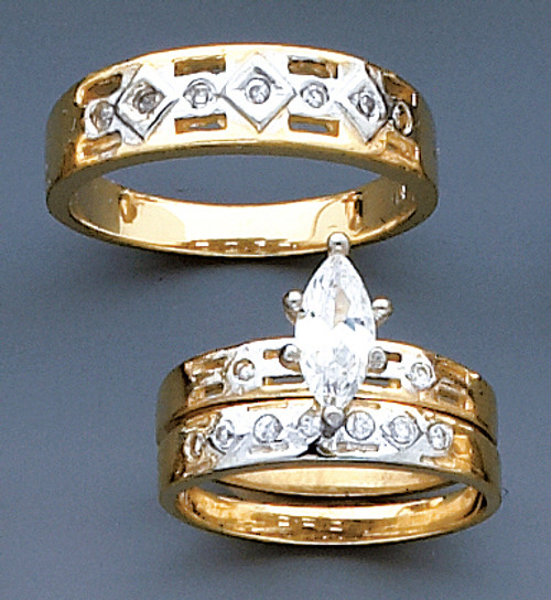 14k Two Tone Gold 3 Piece Men's and Lady's Cubic Zirconia Wedding Set With Marquise  Center