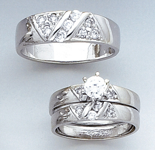 14k White Gold  3 Piece Cubic Zirconia Wedding Set -- 15716