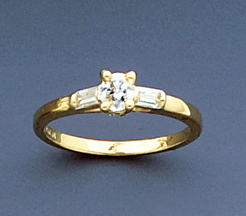 14k Yellow Gold Round Cut  .75ct W/2 Baguette Cz Engagement Ring