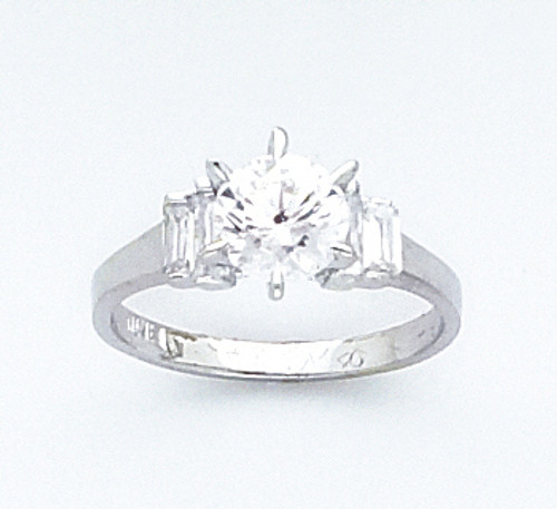 14k White Gold Round Cut  1.5ct W/2 Baguette Cz Engagement R