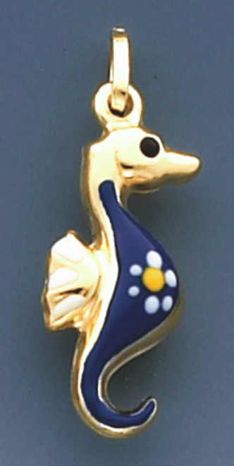 14K Yellow Gold Blue Enamel Seahorse Charm