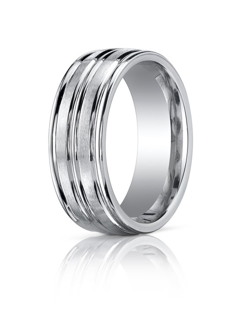 Platinum 8mm Comfort-Fit Satin-Finished High Polished Center Trim and Round Edge Carved Design Band