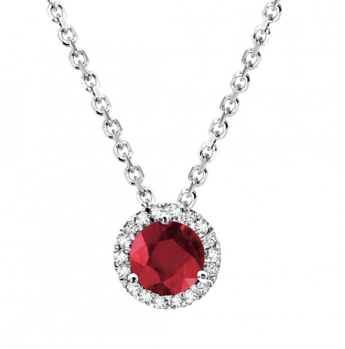 14k White Gold Ruby Surrounded By Round Diamond Pendant | Sarraf.com