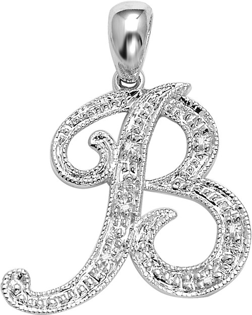 14k White Gold 5/8 Inch With  0.10ct Diamond Initial B Pendant