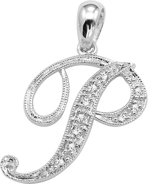 14k White Gold 5/8 Inch With  0.10ct Diamond Initial P Pendant