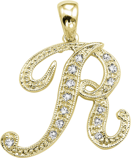 14k Yellow Gold 5/8 Inch With  0.10ct Diamond Initial R Pendant