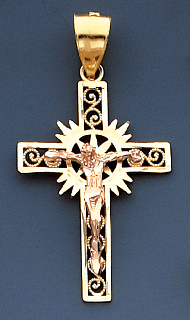 14k Yellow and Rose Gold  41.68mm Height by 22.26mm Filigree Cross Pendant