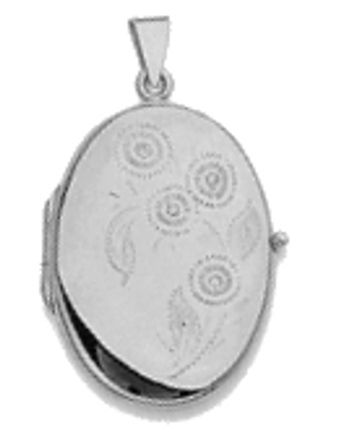 14k White Gold Oval  Shape 25X45mm Locket With Flower Embossed