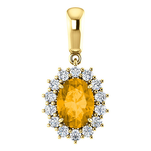 14k Yellow Gold Oval Citrine Pendant Surrounded By 14 Round Diamonds 6x8