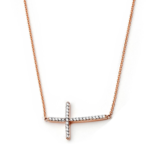 14k Rose Gold  1/5 ct Diamond Sideway Cross Adjustable Necklace 18"-16"