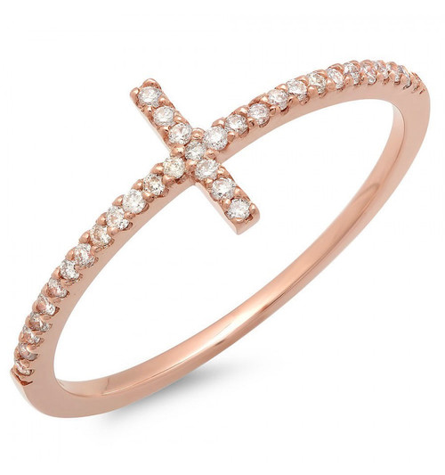 14k Rose gold  1/5 CTW Sideway Diamond Cross Ring