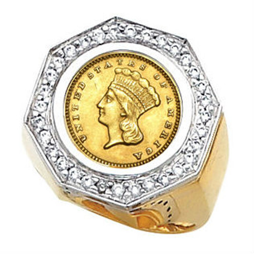 14k Gold Mens Diamond Coin Ring With A 22k U.S. $1.00 Type 3