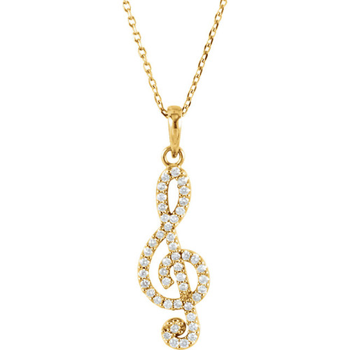 14kt Yellow Gold Diamond Treble Clef (Music Note) Necklace 27mm x