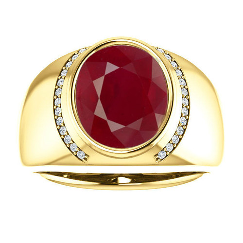 14k Yellow Gold Men's Genuine Ruby Diamond Ring 12mm x 10mm