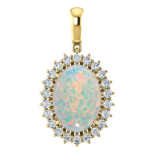 14k Yellow Gold Oval Opal & Diamond Halo Styled Necklace