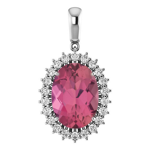 14k White Gold Oval Genuine Pink Tourmaline & Diamond Halo Style Necklace