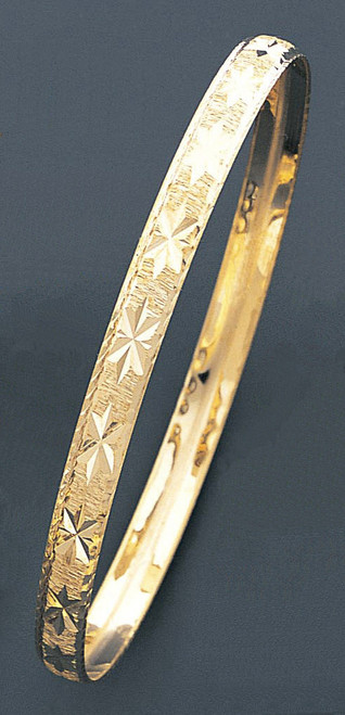 14k Gold 6mm Wide Engraved Star Pattern Slip-on Solid Bangle 8 Inches