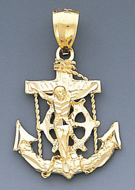 10k Gold Diamond Cut Jesus Cross And Anchor Pendant 33mx22m