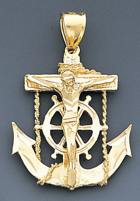 10k Gold Diamond Cut Jesus Cross And Anchor Pendant 31mX36m