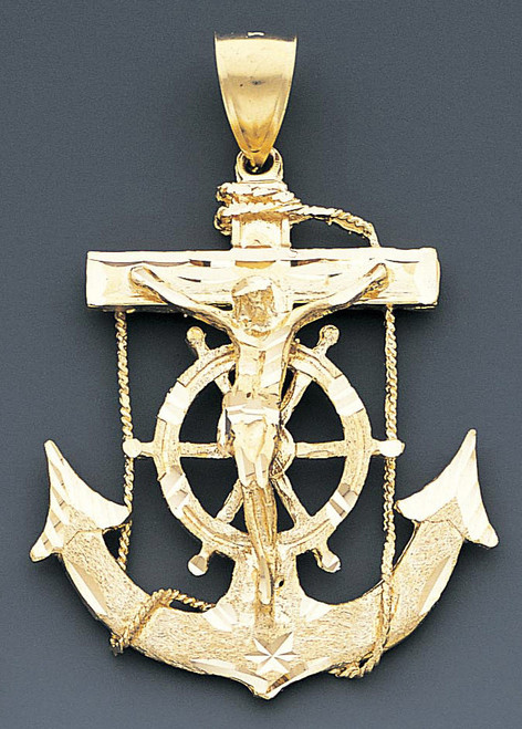 10k Gold Diamond Cut Jesus Cross And Anchor Pendant 59mX50m