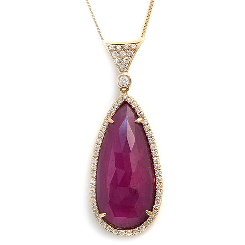 14k Yellow Gold Pink Sapphire Slice Teardrop with Diamond Bail Pendant 15X38mm 0.37ctw