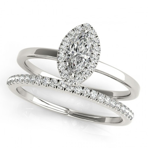 14k White Gold  1.50 Carat  Marquise cut Halo Engagement Ring Set