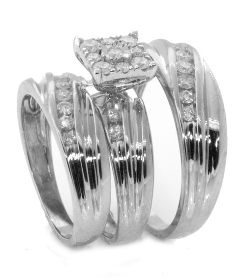 14k White Gold Matching Trio Wedding Bands With 0.78ct Round Diamonds