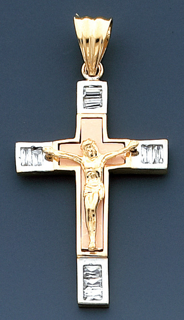 14K Tri-Color gold Cross 50mm or (2 inches ) High Accented With Cubic Zirconia