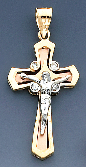 14K Tri-Color gold Cross 46mm or ( 1  13/16 inch) High Accented With Cubic Zirconia