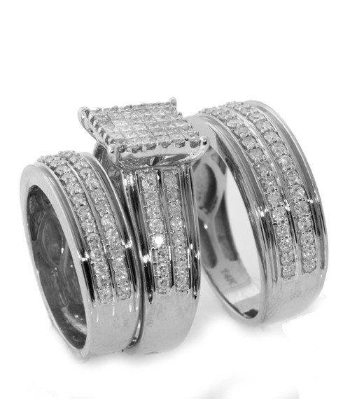 14k White Gold Matching Trio Wedding Bands With 2.5ct Round Diamonds