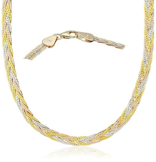 14k Gold Tri-Color Braided Herringbone Bracelet 3mm 7"
