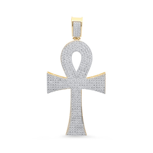 14k Yellow Gold 60mm High Ankh Cross Pendant With Cubic Zirconia