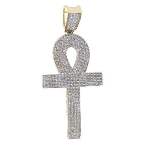 14k Yellow Gold 70mm High Ankh Cross Pendant Covered With Cubic Zirconia