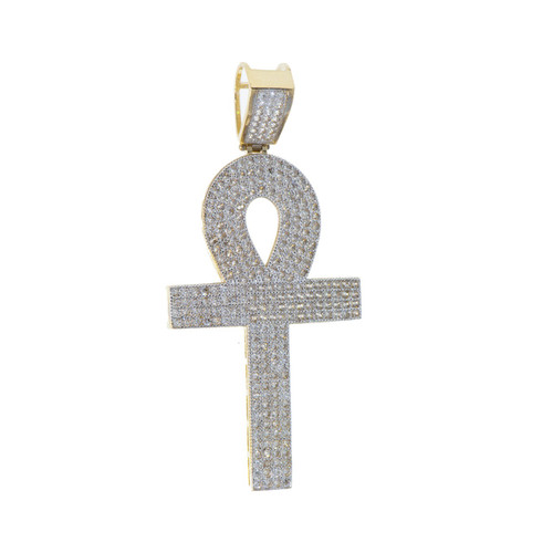 14k Yellow Gold 60mm High Ankh Cross Pendant Covered With Cubic Zirconia