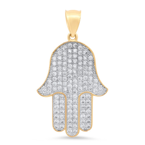 14k Yellow Gold Hamsa Pendant Covered With Cubic zirconia (CZ) 1 1/2 Inches