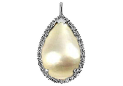 14k White Gold Pear Shape Mobe Pearl Diamond Pendant 21x12 mm