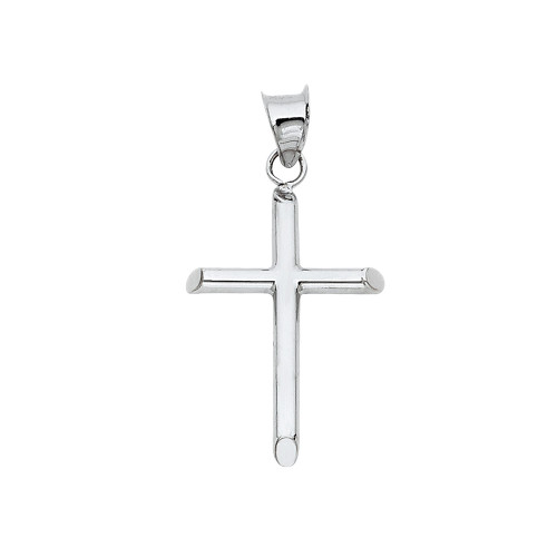 14k White Gold Round Tube Cross Pendant 30mm High by 15mm Wide