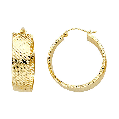 14k Yellow Gold Fancy Glittered 8mm by 30mm Hoop Earrings