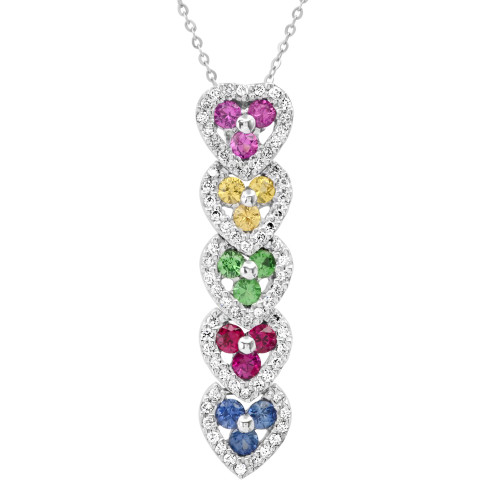 14k White Gold 1.6ct Diamond and Multi Color Sapphire Heart Necklace 30mm x 7mm