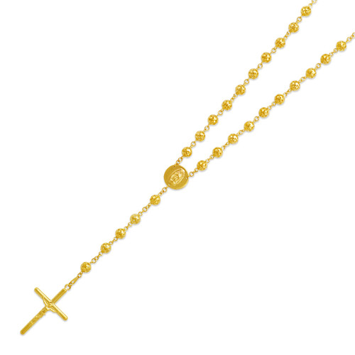 14K Yellow, White, or Tri-Color Gold 4.0mm Rosary Necklace 26 Inches