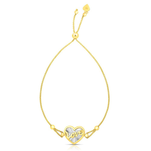 14K Yellow And White Gold Friendship Love Heart Adjustable Bracelet Up to 9.25"