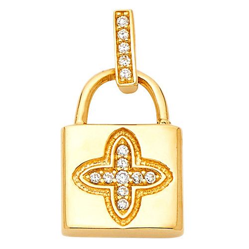 14k Gold Cz Lock Pendant 15mm x 11mm