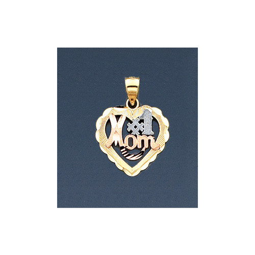 14K Gold Tri Color Heart #1 Mom Pendant 18mm By 25mm