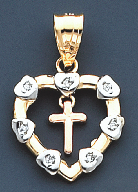 14K Gold Tri-Color Heart Shape Charm With Cross 29mm Tall By 19mm Wide