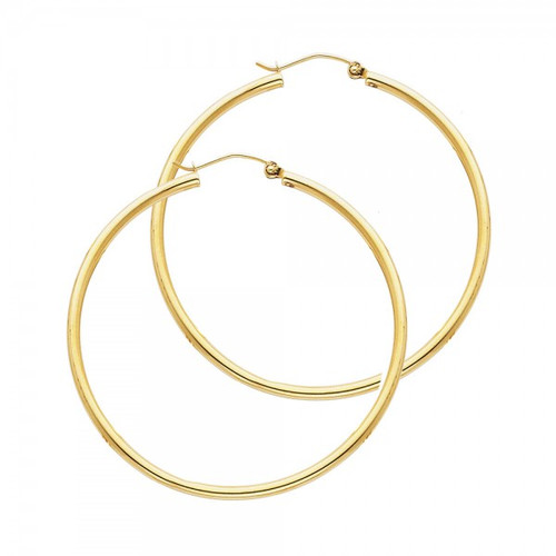 14k Yellow Gold 2mm High Polished  Hoop Earrings 25mm Diameter